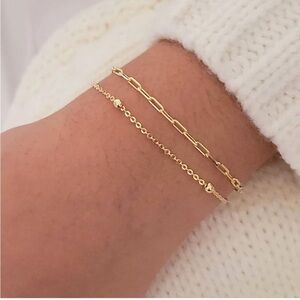 14k Gold Plated 2pc Paperclip & Beaded Chain Bracelet Set